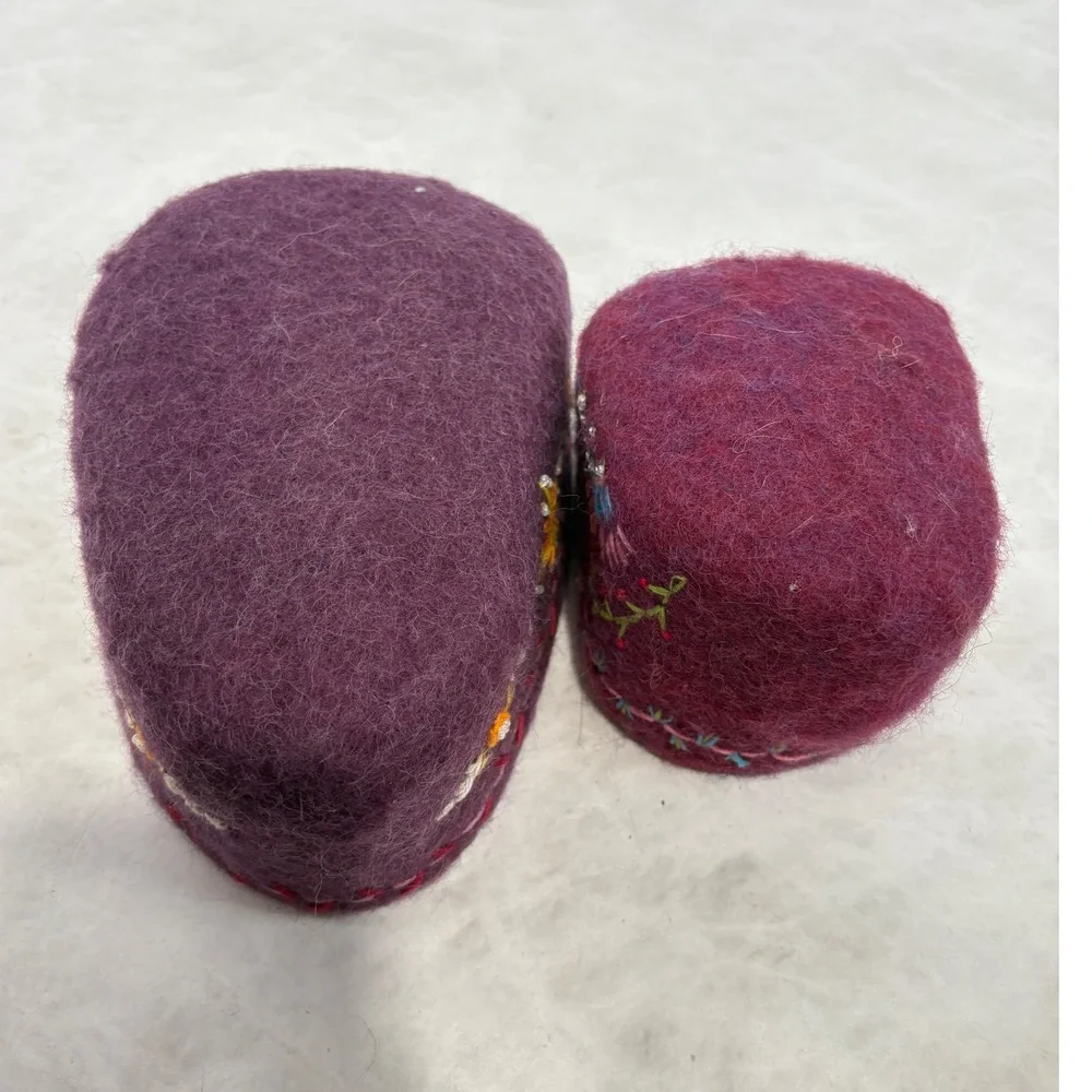 Handmade Felted Wool Embroidered Bowls Purple Boho Trinket Dish Lot of 2 7/31